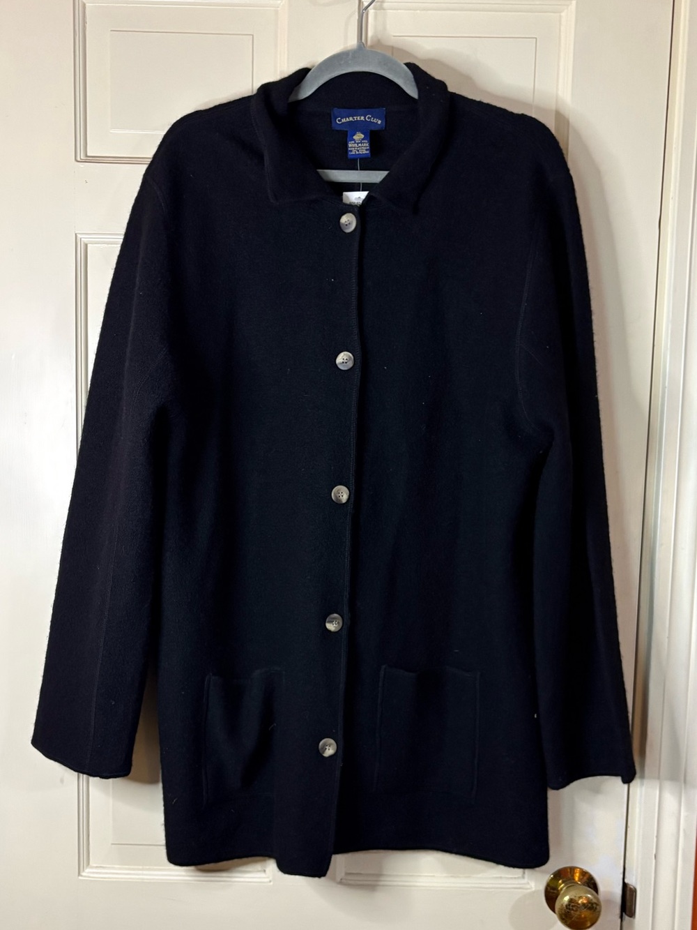 Charter Club Women’s XL 100% Pure New Wool Black, Button, Cardigan Sweater New